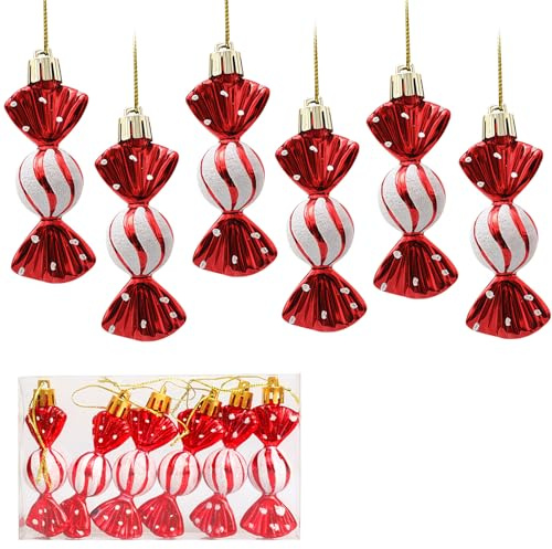 LUMOOM 6 Stück Weihnachtsbaum Süßigkeiten Anhänger, Weihnachtskugeln Zuckerstangen Weihnachten Deko, Weihnachtsbaumschmuck Weihnachtsdeko, Weihnachtliche Süßigkeiten Ornamente (Rot)