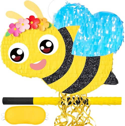 WERNNSAI Bumble Bee Pinata - Spring Party Decorations Garden Bee Pinata with Blindfold and Stick for Spring Garden Birthday Decorations First Bee Day Gender Reveal Outdoor Supplies