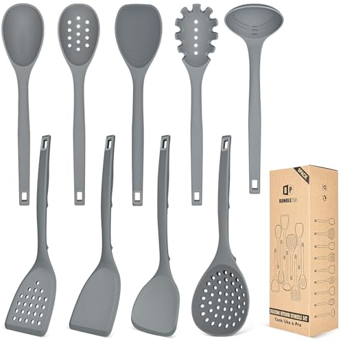 Set di 9 utensili da cucina in silicone, resistenti al calore, con gancio posteriore, utensili da cucina senza BPA, con spatole, cucchiai, skimmer e forchetta per pentole non appiccicose (grigio)