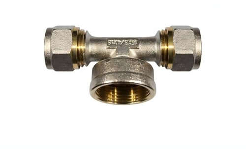 SKIR'CO 1 Pieza Conector de tubería de latón de 3 vías, 16 mm x 1/2 x 16 mm, conexión de compresión niquelada, Rosca Hembra