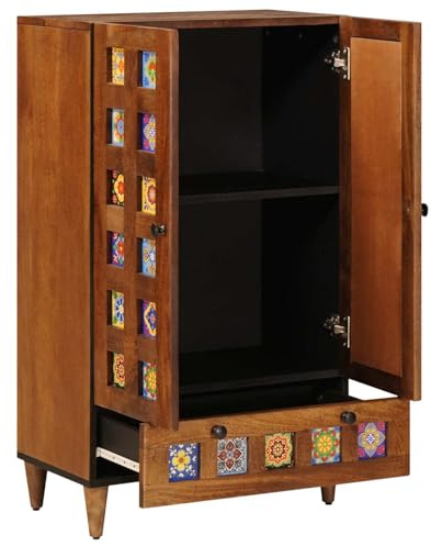 Tablero alto de nogal de madera maciza de mango 60 x 33,5 x 100 cm con cajón y 2 puertas, moderno armario bajo para salón, espacio de almacenamiento y almacenamiento, duradero y ahorra espacio