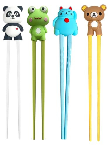 DASHUI 4 Paar Essstäbchen, Essstäbchen Hilfe Auswechselbar mit Tiermotiv, Stäbchen Kinder mit Wiederverwendbar und Abnehmbares Design für Anfänger