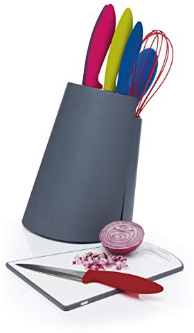 Colourworks 3-in-1 Wooden Knife Block / Plastic Chopping Board / Utensil Holder Set - 'Brights' Colours, 17.89 x 16.60 x 33.5 cm