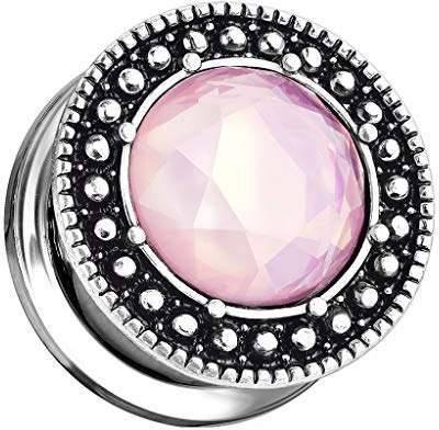 beyoutifulthings Ohr-Plug Großer Umrahmter Rosa Stein Silber Ohr-Piercing Ohr-Schmuck Tunnel Screw Fit Flesh Schraub-Verschluss 6-25mm
