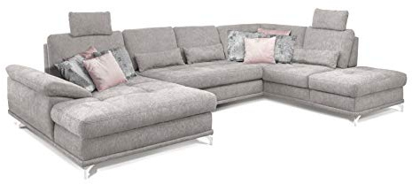 Cavadore Wohnlandschaft Castiel mit Federkern / Großes Schlafsofa in U-Form mit Bett, Sitztiefenverstellung und Kopfstützen / 368 x 114 x 232 / Webstoff, Hellgrau