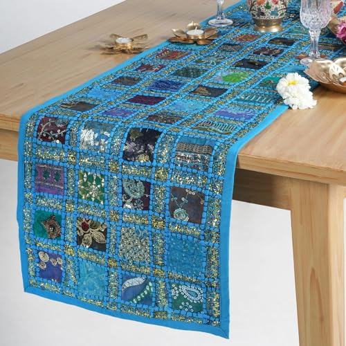 RAJRANG Vintage Style Rajasthani Patchwork Table Runner - Decorative Luxury Coffee Table Placemat Hand Embroidered Cotton Tablecloth Hippie Decor 16x72 Inches - Turquoise Blue