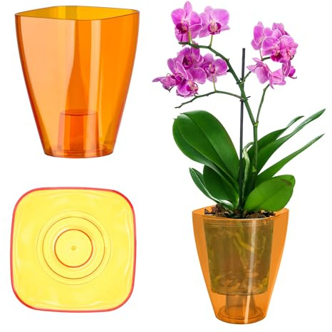 KADAX blomkruka, smal orkidékruka, enkel planteringskruka, blomkruka för orkidé, näbbört, tusensköna, ytterkruka för kök och vardagsrum (⌀ 9 cm, fyrkantig, orange)
