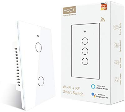 MOES 2.4GHz WiFi Wall Touch Smart Switch Neutral Wire Required, 3 Way Multi-Control, Glass Panel Light Switch Work with Smart Life/Tuya App, RF433 Remote Control, Alexa and Google Home White 2 Gang