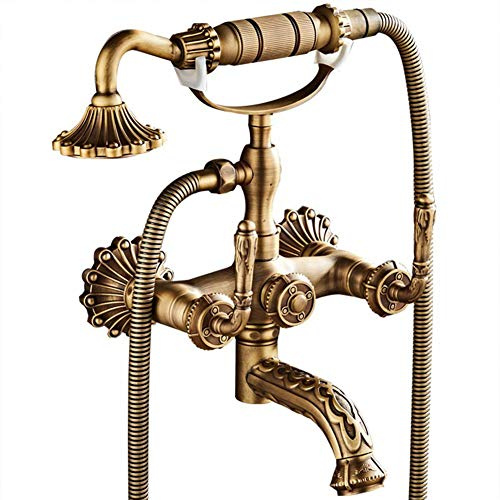 Robinet De Baignoire Robinet Douche - Style Rétro Mural Double Poignée Mitigeur De Baignoire Avec Douche À Main, Laiton Antique