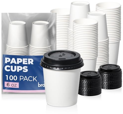 Fit Meal Prep 100 Pack 6 oz Disposable Coffee Cups with Lids, Premium To Go Paper Cups, Leak Proof Hot Coffee Cups with Lids for Travel, Office, Hot/Cold Beverages (Black Lids)