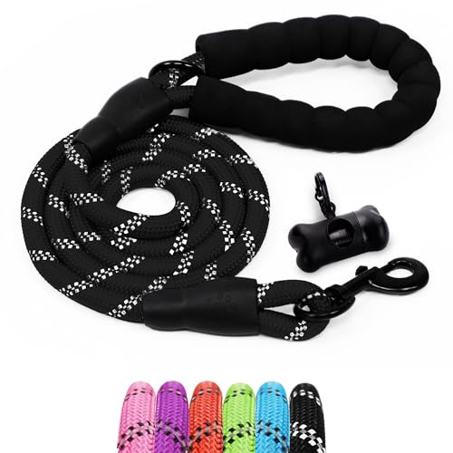 FurDreams Laisse Chien Robuste - 150 cm, Noir I Poignée Rembourrée et Fils Réfléchissants I Longe pour Chien en Corde - Grands Chiens, Chiens Moyens, Petits Chiens I avec Distributeur Sacs à Déchets