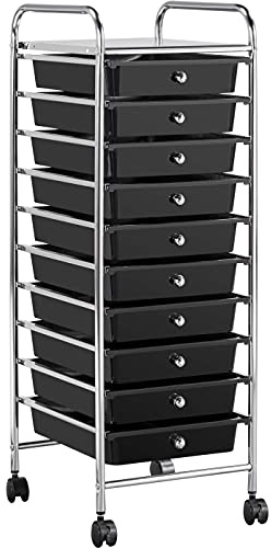 Yaheetech Plastic Storage Cart with 10 Drawers & Lockable Wheels, Black | 10 drawers rolling drawers cart organizer, lockable wheels, multipurpose mobile trolley, for home office salon & beauty