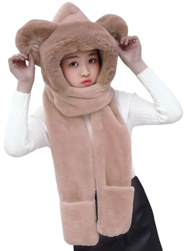 Pelzmütze Kinder Warm Trappermütze Winter Mütze Mädchen Jungen Kindermütze Süß Hüte Plüsch Kinderhüte mit Schal Weich Fleecemütze Kuschelig Outdoormütze Halswärmer Winterhüte für Outdoor Radfahren