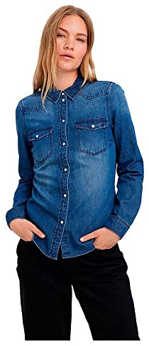VERO MODA VMMARIA LS - Camiseta Ajustada para Mujer New Noos Blusa, Azul Vaquero, Talla XL, Medio De Mezclilla Azul, XL