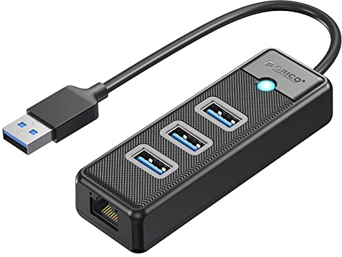 USB 3.0 HUB Ethernet, ORICO 4-en-1 USB 3.0 con RJ45 10/100/1000 Gigabit Ethernet Adaptador con Cable de 0,5 pies Compatible con Mac OS 10.X y Superior, Linux, Android-Negro