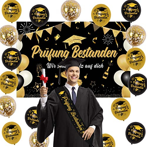 Fangleland Prüfung Bestanden Deko Abschlussfeier Party Dekoration Prüfung Bestanden Ballon Banner Schärpe Konfetti Luftballon für Abi Deko 2026 Graduation Dekoration Schwarz