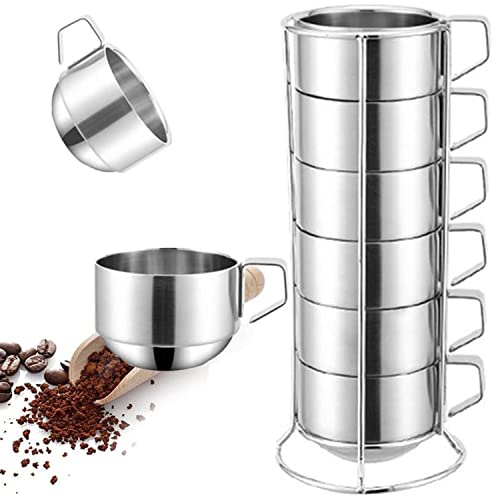 Stainless Steel Coffee Cups Set of 6 Mug,Stackable Double Heat Insulation Metal Coffee Mugs with Stand Rack,(6.8 oz/200ml) Perfect for Cold Drinks or Hot Drink (6)