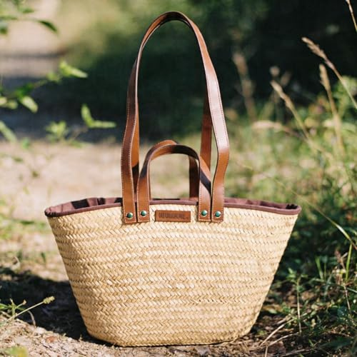 Palmblatt-Tasche mit Kordelverschluss NATUREHOME 47x28x13 cm - handgeflochtene Palmblatttasche mit dunkler Stoffausstattung und hochwertigen Ledergriffen, strapazierfähige Shopping-Bag für jeden Tag