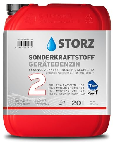 STORZ Sonderkraftstoff/Gerätebenzin 2T – 20 L Fertiggemisch für 2-Takt-Motoren | Vollsynthetisches Markenöl | Saubere, effiziente Verbrennung | Für Motorsäge, Freischneider, Trimmer u.v.m.