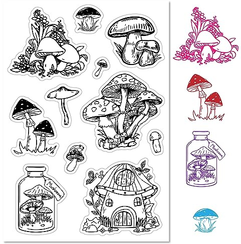 CRASPIRE Mushroom Clear Rubber Stamps Plants Mushroom House Transparent Vintage Bottle Postmark Silicone Seals Stamp Journaling Card Making DIY Scrapbooking Paper Craft