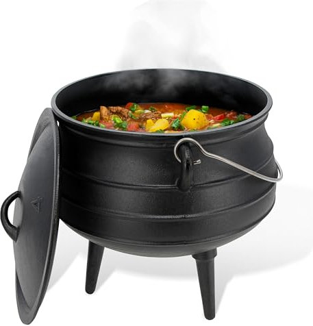 Potted Pans Pentola per calderone da 10 litri, in ghisa, pre-stagionato, per cucinare con falò, potjie africano a 3 gambe con coperchio, pentola pagana in ghisa per cottura a carbone
