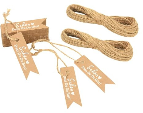 100 Stück Geschenkanhänger SCHÖN DASS DU DA BIST Kraftpapier Anhänger Hochzeit - 7 * 2CM mit Jute Schnur Hangtag Anhänger Etiketten Tags - für Hochzeitsdeko DIY