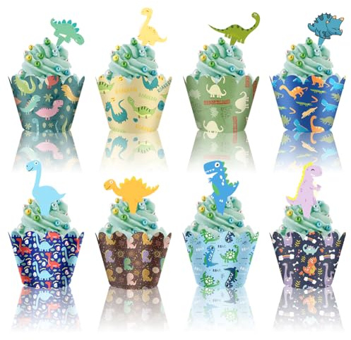 48 Stück Dinosaurier Cupcake Topper und Wrapper, Niedlicher Dino für Jungen und Mädchen, Kindergeburtstag, Babyparty, Jurassic Park Motto-Party Kuchendekorationen