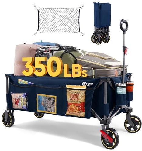PORTAL Chariot de Plage Pliable, 400L 160KG Plage très Long Chariot à roulettes avec Filets Anti-Chute Frein Tout Terrain Poignée Réglable Charrette pour Extérieur Camping Pique-Nique