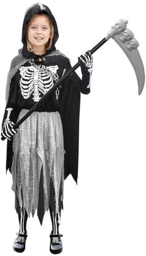Aurasky Deguisement Faucheuse Enfant, Deguisement Halloween Fille avec Faucille Gants Chaussettes Chaîne à la Taille, Costume Squelette Enfant, pour Halloween Carnaval Cosplay Fête