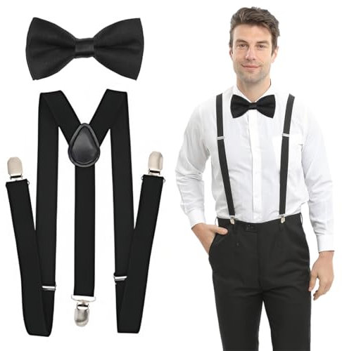 WOXJENA Hosenträger Fliege Set, Hosenträger Herren Damen Extra Stark, Hosenträger Leder Skihose für Breit，Arbeitshose，mit sehr starken 3 Metallclips