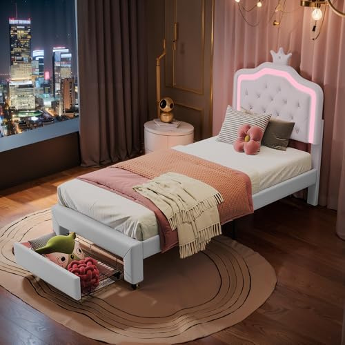 Callicarpa Kinderbett Polsterbett 90x200, Jugendbett Mädchen Bett mit Kronen LED-Kopfteil, Kinderbett Jugendbett mit Stauraum Schubladen (weiß, 90X200CM)