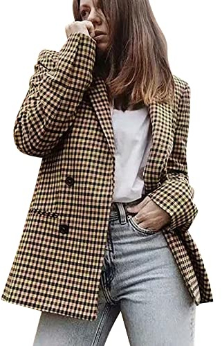Rrongwn Karierter Damen Blazer Karo Wintermantel Kariert Gekerbtes Revers Eleganter Mantel Zweireihiger Langarm Jacke Slim Fit Frühling Jacke Eleganter Business Arbeitsanzug