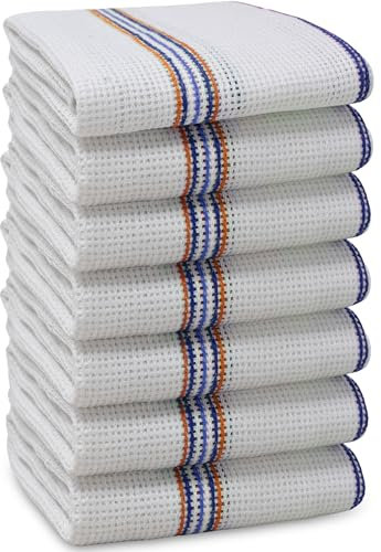 Towelogy TDC_50 Premium Cotton Dish Cloths for Washing Up Dishes Odor-Resistant– Large Size 35x40cm Soft & Absorbent Kitchen Dish Towels (7, White/Blue Stripes)