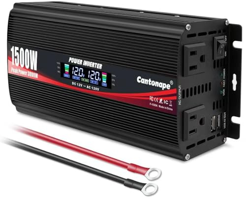 Cantonape 1500W Power Inverter 12V to 110V/120V Car Charger Converter with LCD Display, 3.1A Dual USB Ports 2 AC Outlets Car Adapter for RV, Truck, Solar, Off-Grid, Vehicle Black