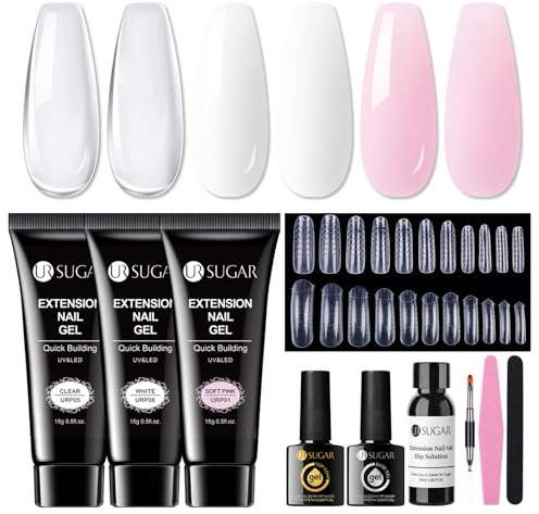 UR SUGAR 15 ml Poly Extension Set, Poly Nail Gel transparent weiß 3 Farben Verlängerung Gel Nägel Komplettset mit Pinsel Spitze für Anfänger