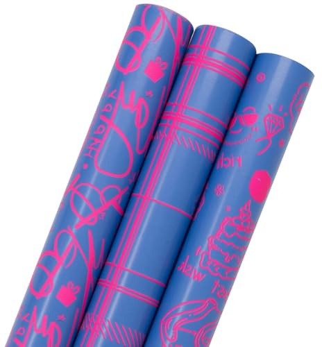 3 rullar födelsedagspresent omslagspapper, 43 cm x 3 m lysande omslagspappersrulle, perfekt för födelsedag, alla hjärtans dag, mors dag, bröllop, festfestival present dekoration