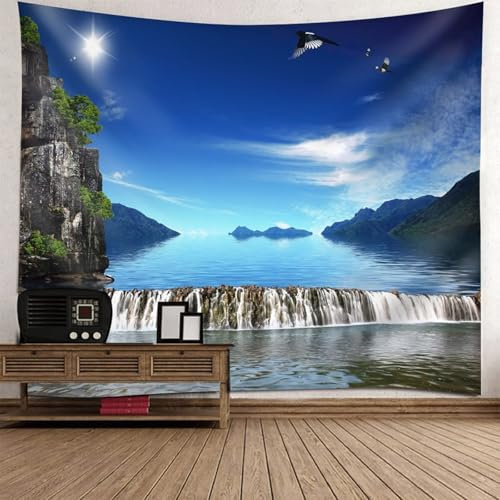 Tapestry Aesthetic, Wandteppich Boho Style Meer Wasserfälle Berge Blau Schwarz Grün Tapestry Art 150x150cm