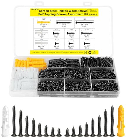 500pcs Self Tapping Screws,Wood Screws Assortment,Black Screw for Wood,for Furniture, Woodworking, DIY Model Fixing