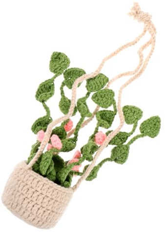 HOMOCONO Crochet Hanging Plant Basket Ornament Aesthetic Car Mirror Decor for Interior Handmade Knitted Pendant Unique Vehicle Accessory for Home and Friends for Housewarming and Special