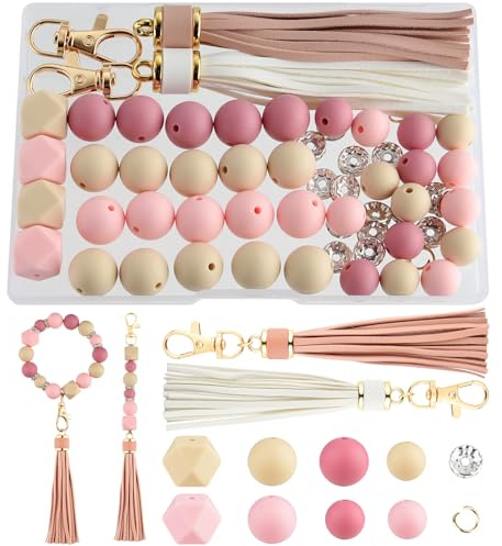 NEBURORA Silikonperlen für Schlüsselanhänger-Set, cremebraune und rosa Perlen mit Lederquasten, runde Perlen für Armbänder, Bastelarbeiten, Perlenstifte, Dekorationen, Schmuckherstellung