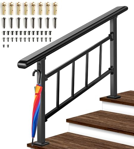 New Version Handrails for Outdoor Steps，2-3 Steps Wrought Iron Stair Railing，Black Iron Handrails for 2 Steps, Front Porch Metal Railing for Exterior Steps