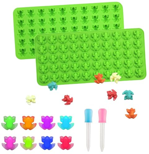 Lot de 2 moules en silicone en forme de grenouille pour fondant et chocolat avec 2 compte-gouttes liquides, décoration pour cupcakes, desserts, biscuits, glaçons, bonbons, résine, cire, sucre