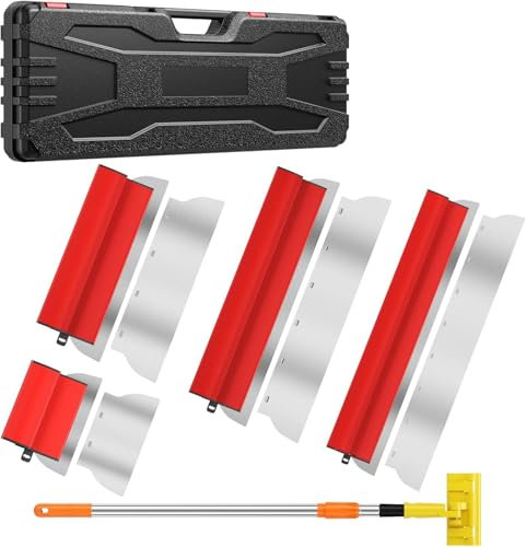 Flächenspachtel, 4 teiliges Flächenspachtel Set mit Teleskopgriff, Transportkoffer, 80 cm / 60 cm / 40 cm / 25 cm, Spachtel Set für Trockenbau, Verputzer