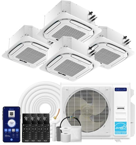 DELLA 35K BTU 4 Zone (9000+9000+9000+18000 BTU) Ceiling Cassette Mini Split AC, Ultra Heat -13℉, 8-way 360° Airflow,Energy Star,22.5 SEER2 230V,Work with Alexa,Pre-Charged Heat Pump,25ft Kit