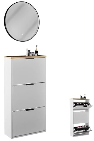 Planetmöbel Schuhschrank schmal, runder Spiegel mit Beleuchtung | 60 cm, (3 Lichtstufen) Schuhkommode mit 3 Klappen Schuhregal mit 6 Ablagen, Garderobe Set, 60 x 23 x 118 cm, weiß grau