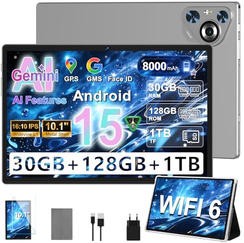 Dghrti Tablette 10 Android 15, 128Go, 8000mAh, Corps Métal avec étui-Gris | Gemini AI, Octo-Core, corps métal, BT5.0, Face ID,Widevine L1, 5+8MP, extensible 2To TF. Clavier + souris sans fil inclus.
