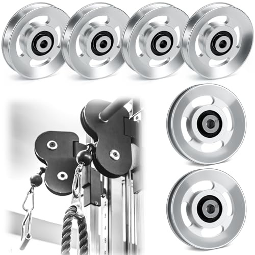 Soulchen 6 Pcs 4/6 / 8/10 Pcs Aluminum Pulleys for Cable Machine, 90mm Aluminum/Nylon Alloy Bearing Gym Pulley Wheel for Home Gym Equipment Exercise Pulldown Attachments (Aluminium,Sliver)