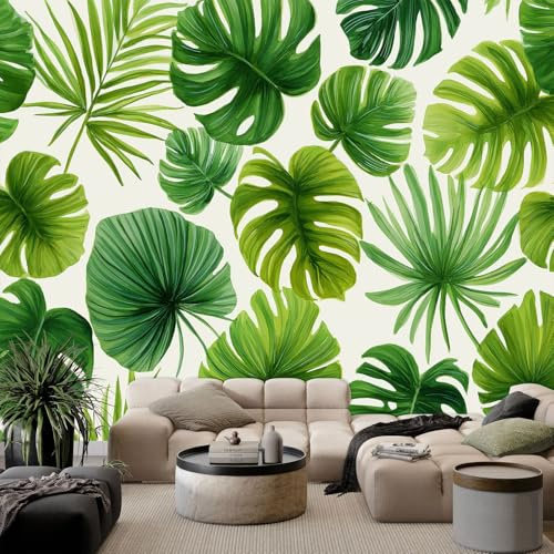 Fotomurales Papel pintado Hojas Verdes de Palma y Monstera Estilo Acuarela Papel pintado tejido no tejido Decoración de Pared decorativos Murales Moderna 200 x 140 cm Fotomurales