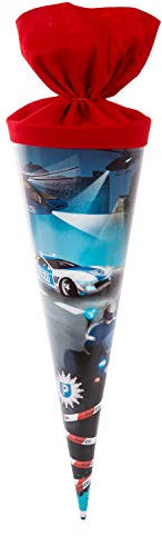 goldbuch 93 061 Geschwistertüte Polizei, Schultüte aus Lackarton mit Polizei-Motiv, Geschenkverpackung mit rotem Filzverschluss (ohne Verschlussband), Zuckertüte rund, Länge 35 cm, Ø 11,5 cm, Blau