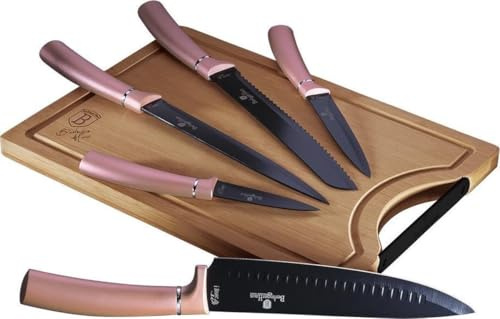 Berlinger Haus I-Rose Juego 5 Cuchillos Cocina Profesional Tabla Cortar Bambú, Hoja Acero Inoxidable Recubrimiento Antiadherente, Cocinero, Cebollero, Pan, Rebanador, Pelar, Diseño Elegante (BH-2554)